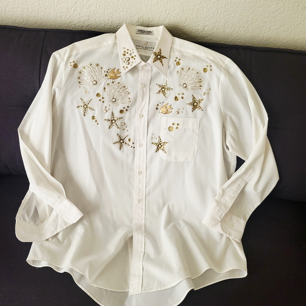 Seashell Embellished White Button Down Shirt Wome… - image 7
